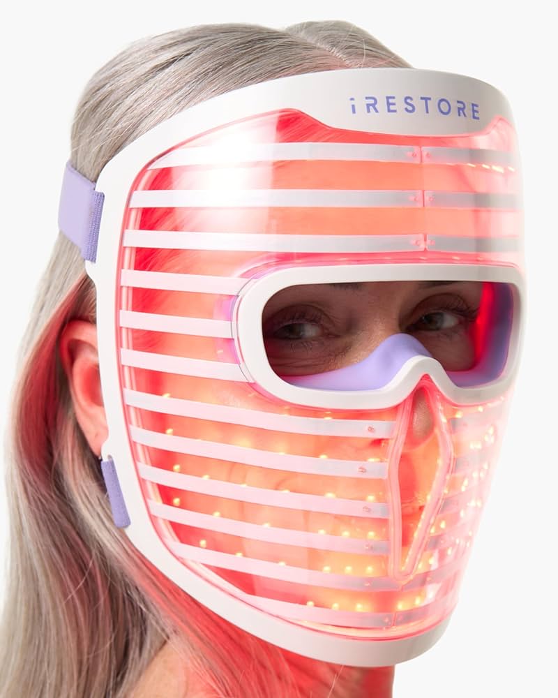 LumiGlow Pro LED Red Light Therapy Mask - Woman wearing device